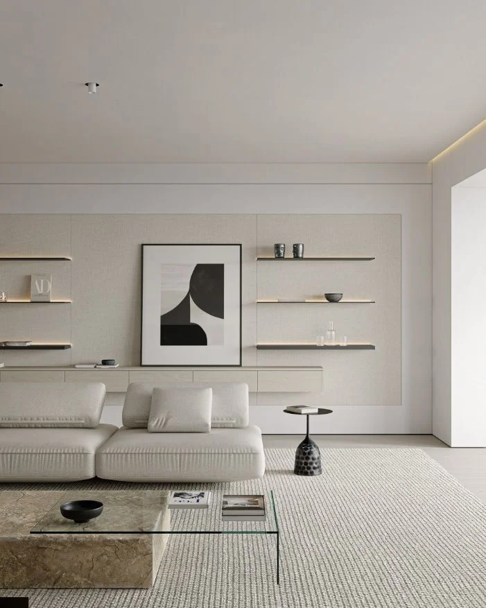 Modern minimalist interior with clean white furniture